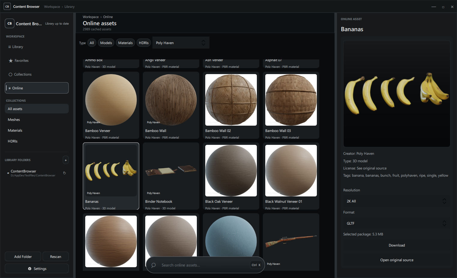 3D Bero showing online asset search, library navigation, previews, and asset details